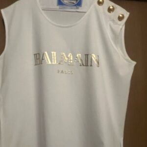 Balmain White Sleeveless Top with Gold Accents